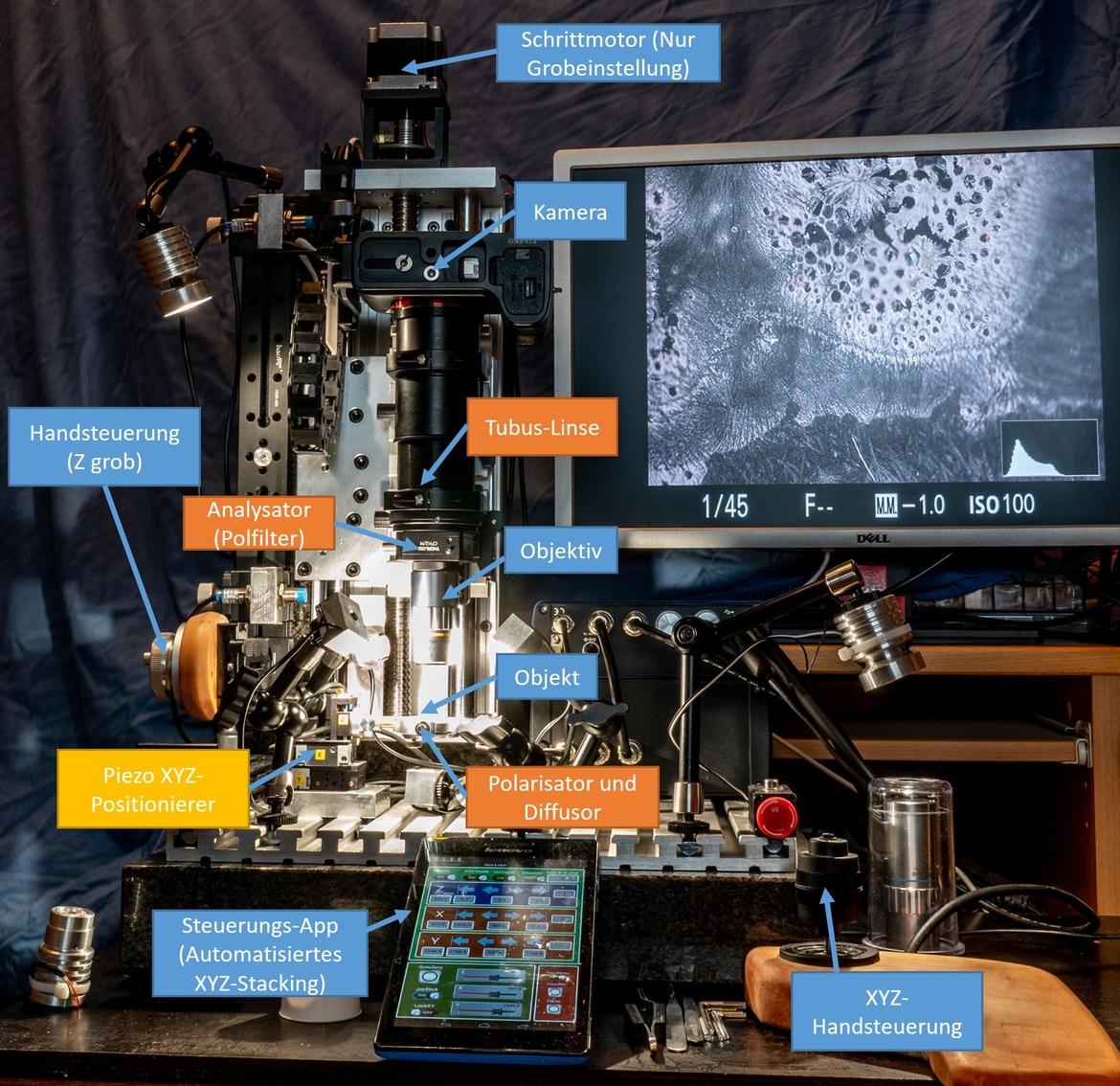 Mikroskopaufbau mit Pol-Filtern und Piezo- Positionierer (50nm Auflösung)
